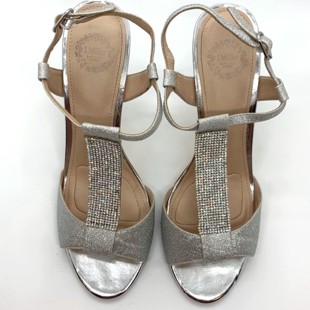 I. Miller Sparkly 4" Sandals Platinum 7 1/2 Shimmer Sparkle Strap Stilettos